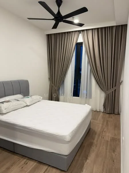Bedroom features: queen-size bed, upholstered headboard, 5-blade ceiling fan with light, floor-to-ceiling window, sheer curtains, blackout curtains, wooden flooring, light grey walls; style: modern.