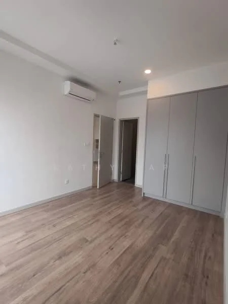 Room features: light wood laminate flooring, white painted walls, ceiling-mounted air conditioning unit, built-in wardrobe with grey doors, recessed ceiling lights, doorway leading to another room, window with no visible treatment; style: modern.