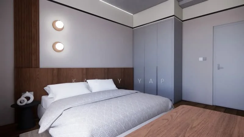 Bedroom features: queen-size bed with grey bedding, wooden headboard, nightstand with decorative items, built-in wardrobe with grey doors, wooden flooring, recessed ceiling lights, two wall-mounted sconces, plain white walls, door leading to hallway; style: modern.