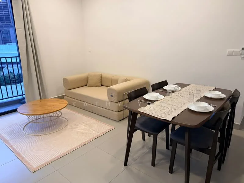 Living features: beige fabric L-shape sectional sofa, round coffee table with metal base, area rug with geometric pattern, 4-seater dining table in dark wood, upholstered dining chairs in blue, floor-to-ceiling windows, curtains in light grey, light grey painted walls, tile flooring in light grey; style: modern.
