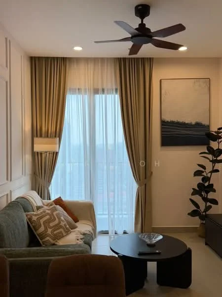 Living features: 3-seater fabric sofa in green, decorative cushions, round coffee table, floor-to-ceiling windows, sheer curtains, blackout curtains, 5-blade ceiling fan with light, framed artwork on wall, indoor plant in ceramic pot, light-colored walls, recessed downlights; style: modern; view: city.