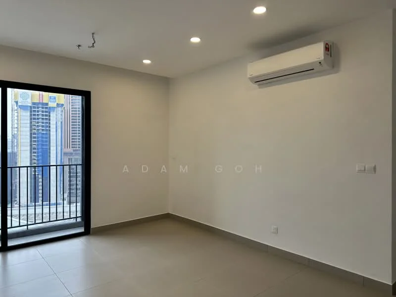Room features: white painted walls, grey tiled flooring, 1 wall-mounted split AC, recessed LED downlights, black sliding glass door, balcony with railing, city view through balcony; style: modern; view: city.