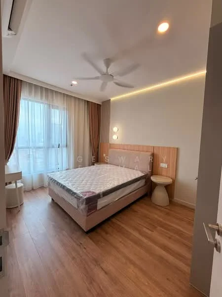 Bedroom features: queen-size bed, upholstered headboard, bedside table, ceiling fan, floor-to-ceiling windows, sheer curtains, wooden flooring, wall-mounted light fixtures, decorative wall paneling, neutral wall color; style: modern.