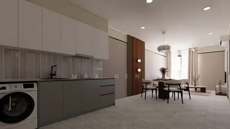 Kitchen features: white shaker cabinets, grey lower cabinets, stainless-steel sink, chrome pull-down faucet, ceramic tile backsplash, built-in washing machine, recessed downlights, grey tile flooring; style: modern. Dining features: 6-seater dining table, upholstered dining chairs, pendant lamp, decorative vase, neutral wall color, floor-to-ceiling windows, curtains, grey tile flooring; style: modern. Living features: sofa, coffee table, TV console, wall-mounted TV, recessed downlights, neutral wall color, grey tile flooring; style: modern.