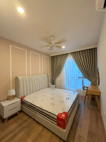 Bedroom features: king-size bed, upholstered headboard, bedside table with lamp, wooden flooring, ceiling fan, curtains, desk with chair, floor-to-ceiling windows; style: modern.