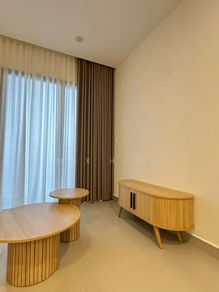 Living features: light wood coffee table, light wood side table, light wood TV console with drawers, floor-to-ceiling windows, sheer curtains, brown curtains, neutral wall color, tile flooring; style: modern.