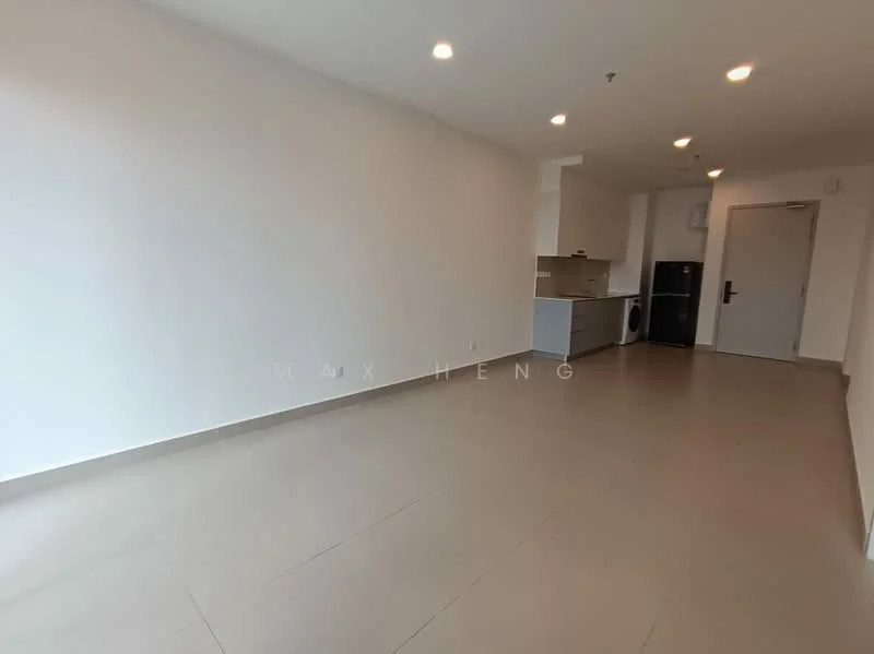 Living features: white painted walls, tile flooring, recessed downlights, open layout, kitchen area visible, washer and dryer visible, black refrigerator, kitchen cabinetry, countertop, neutral color scheme; style: modern.