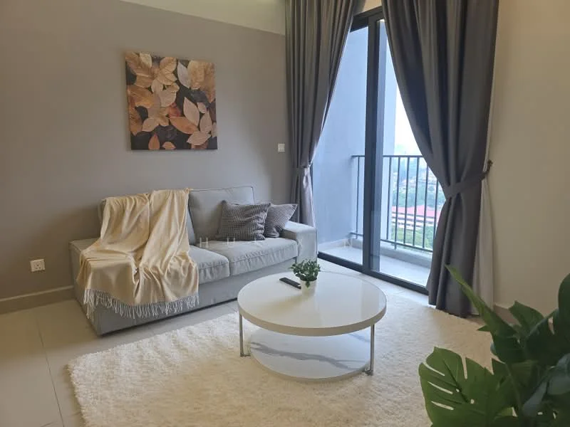 Living features: light grey fabric sofa, decorative throw blanket, round white coffee table, area rug with fluffy texture, floor-to-ceiling sliding glass door, curtains in dark grey, framed artwork with leaf design, potted plant, neutral painted walls, tile flooring; style: modern; view: city.