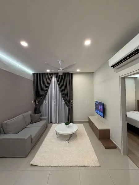 Living features: 3-seater fabric sofa in grey, round coffee table, area rug with fluffy texture, wall-mounted TV, TV console, recessed LED downlights, 5-blade ceiling fan, floor-to-ceiling curtains, cream painted walls, light grey accent wall, tile flooring; style: modern.