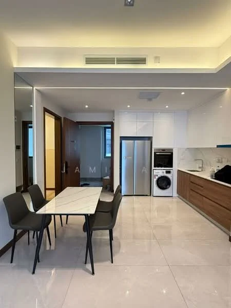 Kitchen features: white cabinets, wood cabinetry, marble dining table, 4 black dining chairs, stainless-steel fridge, built-in oven, washing machine, ceramic tile flooring, recessed downlights, countertop with backsplash, open shelving, floor-to-ceiling windows, air conditioning vent; style: modern.