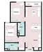 Floor plan: 2-bedroom 1-bathroom unit; features: open-plan kitchen-dining-living, master bedroom with ensuite bathroom, bedroom 2 with shared bathroom, utility room, balcony off living room, central foyer, 1 car porch.