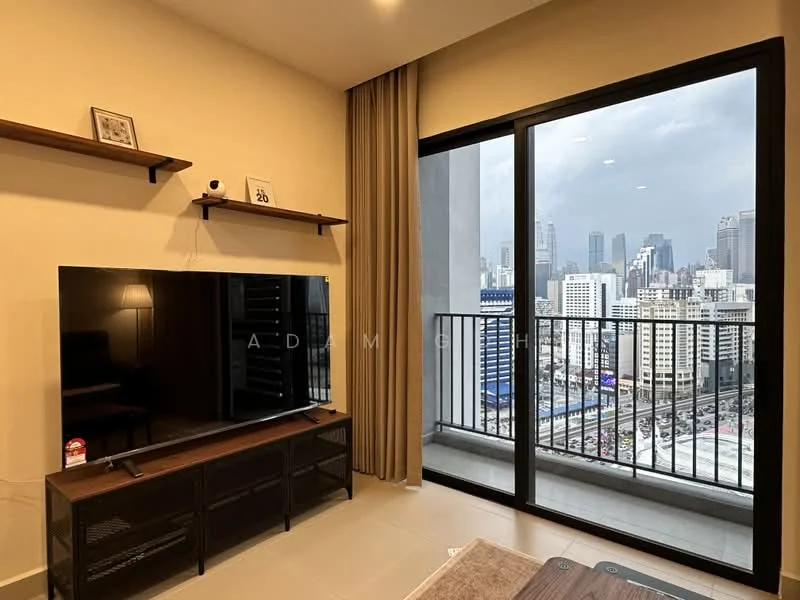 Living features: floor-to-ceiling windows, sliding glass door, curtains, wall-mounted TV, TV console, shelf unit, light fixture, area rug, city skyline view, neutral wall color, tile flooring; style: modern; view: city.