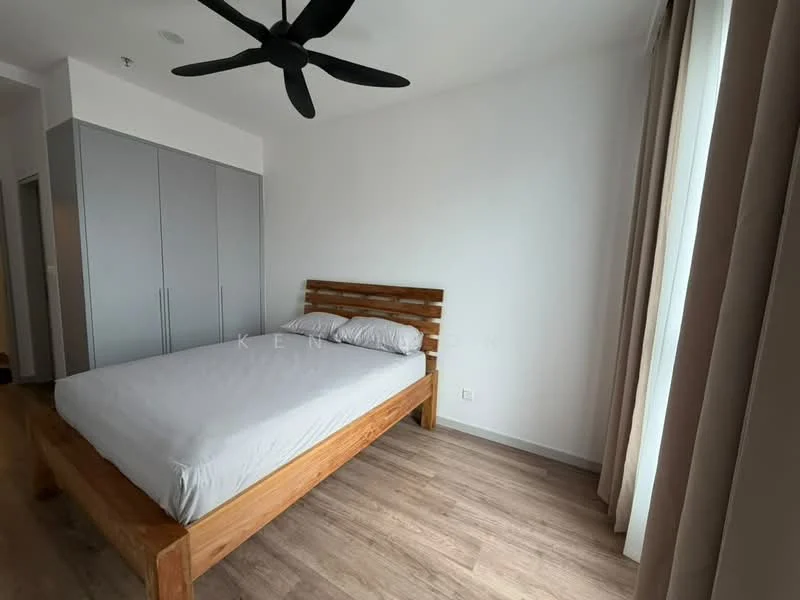 Bedroom features: king-size bed with wooden frame, light grey bedding, wooden flooring, white painted walls, floor-to-ceiling window with sheer curtains, ceiling fan with 5 blades, built-in wardrobe with grey doors; style: modern.