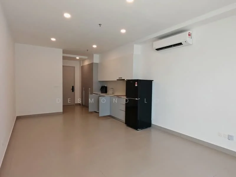 Room features: white painted walls, grey tiled flooring, 1 wall-mounted split AC, kitchenette with grey cabinets, black fridge, stainless-steel sink, built-in countertop, recessed downlights; style: modern.