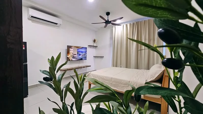 Bedroom features: queen-size bed, wooden bed frame, wall-mounted TV, floating shelf, light-colored bedding, floor-to-ceiling curtains, sliding glass door, 5-blade ceiling fan, wall-mounted split AC, tile flooring, decorative plants; style: modern.