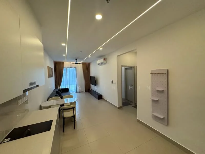 Living features: white painted walls, light grey tiled flooring, recessed LED downlights, 5-blade ceiling fan, floor-to-ceiling windows, curtains in light brown, wall-mounted TV, black TV console, sofa in dark grey, dining table with four chairs, kitchenette with white cabinetry, black countertop, open layout, decorative wall panel; style: modern.