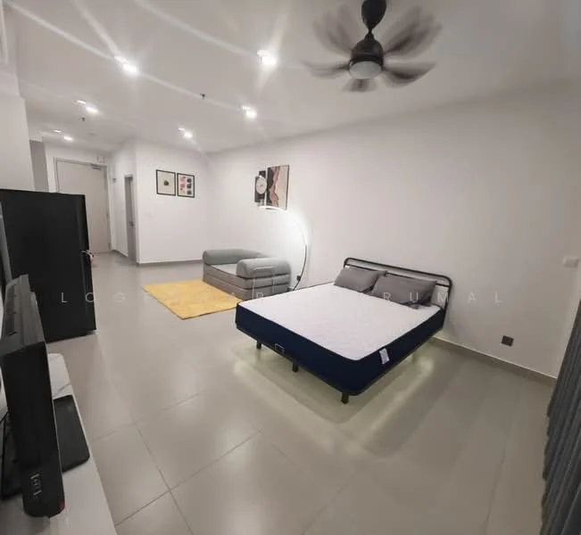 Living features: grey fabric sofa, queen-size bed with mattress, floor lamp with curved design, TV console, wall-mounted TV, area rug, recessed downlights, ceiling fan, white painted walls, grey tiled flooring; style: modern.