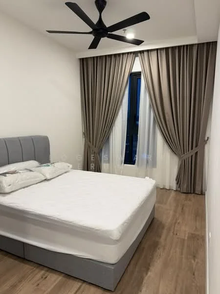 Bedroom features: queen-size bed, upholstered headboard, 2 bedside pillows, ceiling fan with light, floor-to-ceiling window, sheer curtains, dark grey curtains, wood laminate flooring, neutral wall colour; style: modern.