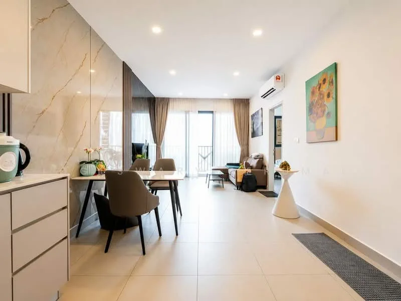 Living features: light grey tiled flooring, white walls, marble accent wall, floor-to-ceiling windows, sheer curtains, dining table with four chairs, recliner chair, decorative wall art, air conditioning unit, small side table, potted plant; style: modern; view: city.