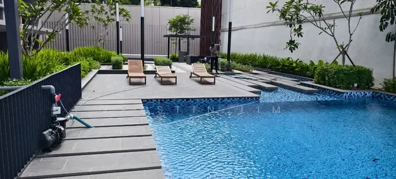 Exterior type: swimming pool deck; features: infinity pool, pool deck with loungers, landscaped garden with greenery, stone-paved walkway, outdoor dining area with gazebo, tropical landscaping, water feature, surrounding privacy walls; style: modern.