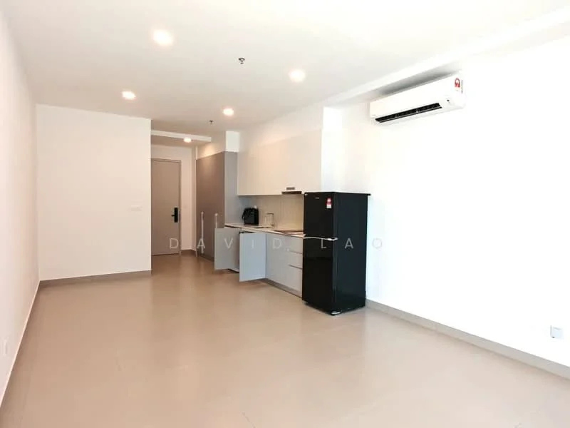 Room features: light grey tiled flooring, white painted walls, recessed downlights, wall-mounted split AC, black fridge, built-in kitchen cabinetry in white, countertop in light colour, open layout, no visible furniture; style: modern.