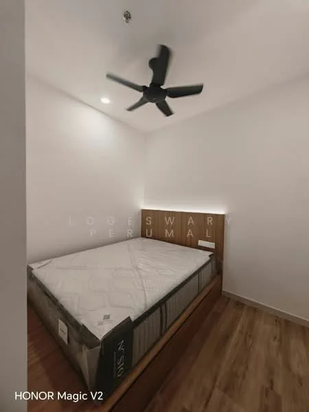 Bedroom features: queen-size bed, wooden bed frame, 5-blade ceiling fan, white painted walls, laminate flooring, nightstand, built-in wardrobe, LED recessed lighting; style: modern.