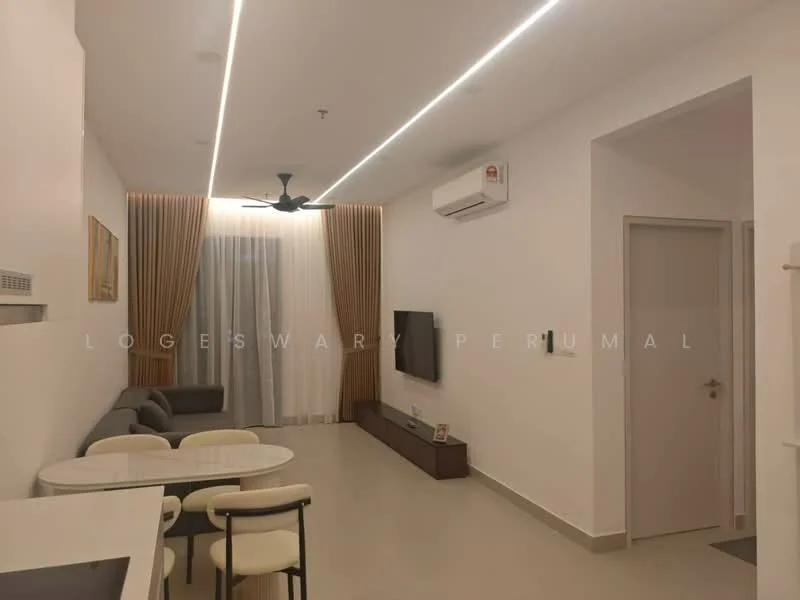Living features: sofa in grey fabric, coffee table, wall-mounted TV, TV console, recessed LED downlights, 5-blade ceiling fan, floor-to-ceiling windows with sheer curtains, cream painted walls, light-colored flooring, decorative wall art, built-in cabinetry; style: modern.