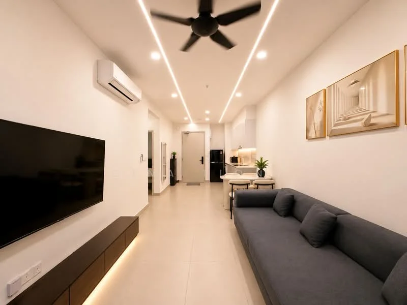 Living features: 3-seater fabric sofa in grey, wall-mounted TV, TV console with storage, recessed LED downlights, 5-blade ceiling fan, air conditioning unit, white painted walls, tile flooring, decorative artwork, open-plan layout leading to kitchen, dining area with table and chairs; style: modern.