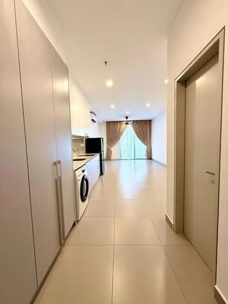 Room features: white cabinetry, built-in wardrobe, washing machine, tile flooring, recessed downlights, floor-to-ceiling windows, curtains, neutral wall color, open layout; style: modern.