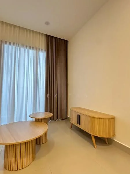 Living features: two round coffee tables with striped design, wooden sideboard with curved edges, floor-to-ceiling windows, sheer curtains, brown curtains, light-colored walls, neutral tile flooring, recessed ceiling lights; style: modern.
