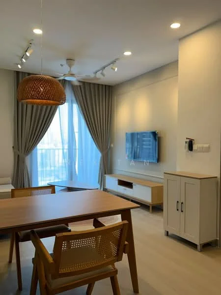 Living features: wooden dining table, 4 wooden dining chairs, wall-mounted TV, TV console, floor-to-ceiling windows, sheer curtains, grey curtains, 5-blade ceiling fan, recessed downlights, woven pendant light, light wood flooring, decorative wall paneling; style: modern; view: city.