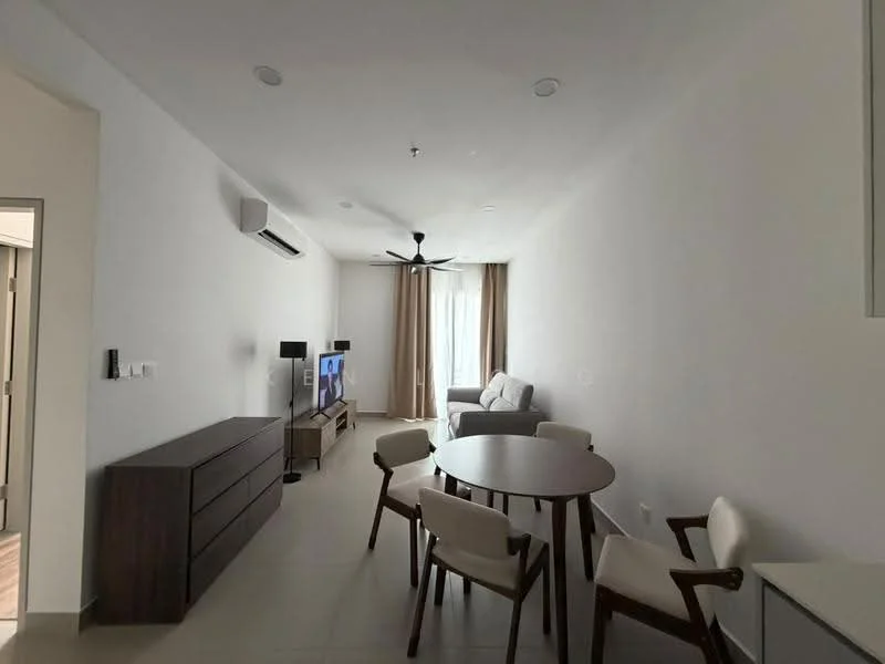 Living features: 3-seater fabric sofa in light grey, wooden coffee table, TV console, wall-mounted TV, 2 upholstered dining chairs, round dining table, 5-blade ceiling fan with light, 1 wall-mounted split AC, large window with sheer curtains, light-coloured tiled flooring, white painted walls, decorative wall art; style: modern.