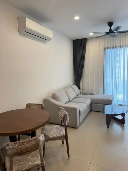 Living features: 3-seater fabric sofa in light grey, coffee table with wooden legs, round dining table, 2 dining chairs with woven seats, 1 wall-mounted split AC, ceiling fan, floor-to-ceiling windows, sheer curtains, light-coloured tiled flooring, white painted walls, recessed downlights; style: modern; view: city.