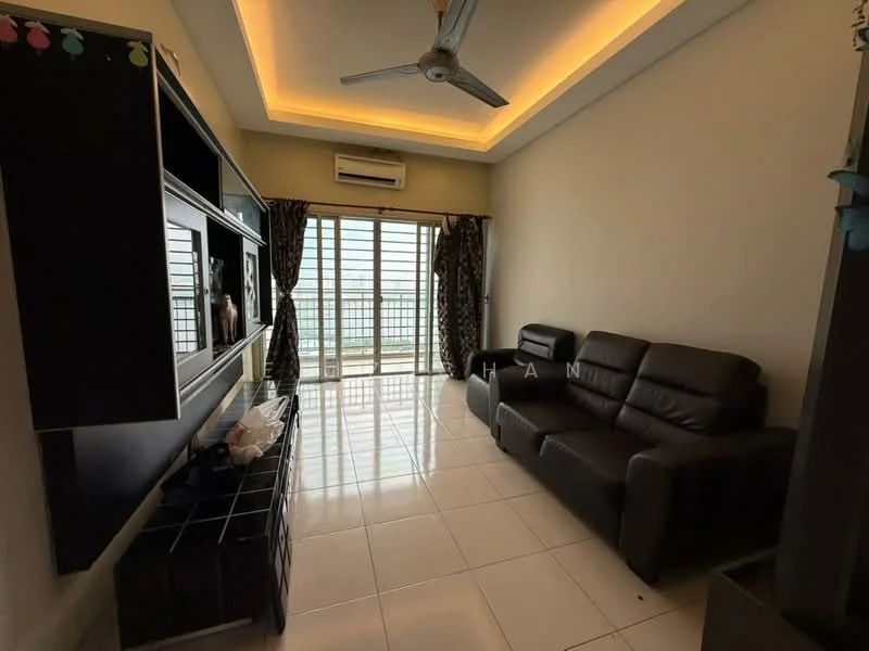 Living features: 3-seater leather sofa in dark brown, wall-mounted TV console with storage, floor-to-ceiling windows, blackout curtains, white painted walls, recessed LED downlights, 5-blade ceiling fan, glossy tile flooring, air conditioning unit; style: modern; view: city.