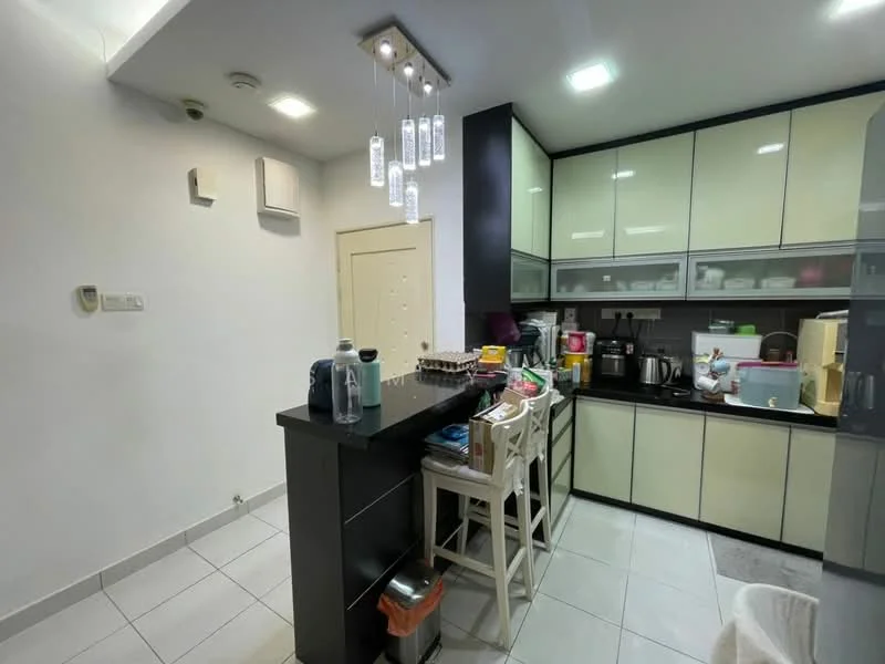 Kitchen features: black countertop, cream cabinetry, stainless-steel appliances, built-in oven, freestanding range oven, microwave, refrigerator, pendant lighting, tile flooring, wall-mounted split AC, open shelving, kitchen island with seating, sink, dishwasher; style: modern.