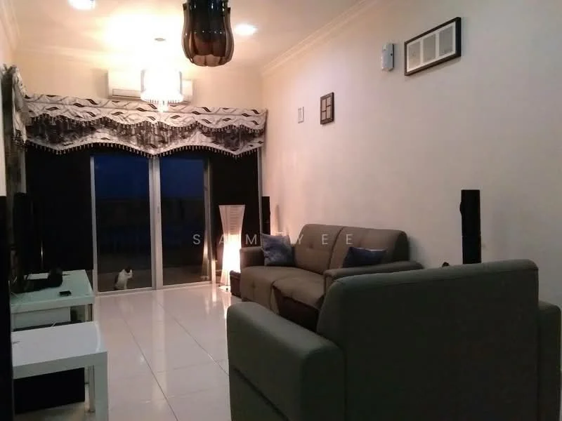Living features: cream painted walls, white ceiling, recessed downlights, pendant light, 3-seater fabric sofa in beige, 2-seater fabric sofa in light grey, white coffee table, TV console, floor-to-ceiling sliding glass door, curtains, tile flooring, air conditioning unit; style: modern.