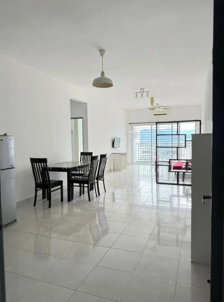 Living features: white painted walls, glossy white tile flooring, 5-blade ceiling fan with light, dining table with 4 black wooden chairs, refrigerator, wall-mounted TV, floor-to-ceiling windows, sliding glass door, view of city skyline; style: modern; view: city.