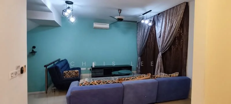 Living features: blue fabric sectional sofa, black coffee table, 2 decorative cushions, 5-blade ceiling fan with light, wall-mounted air conditioning unit, floor-to-ceiling curtains in brown, accent wall in teal, recessed ceiling lights; style: modern.