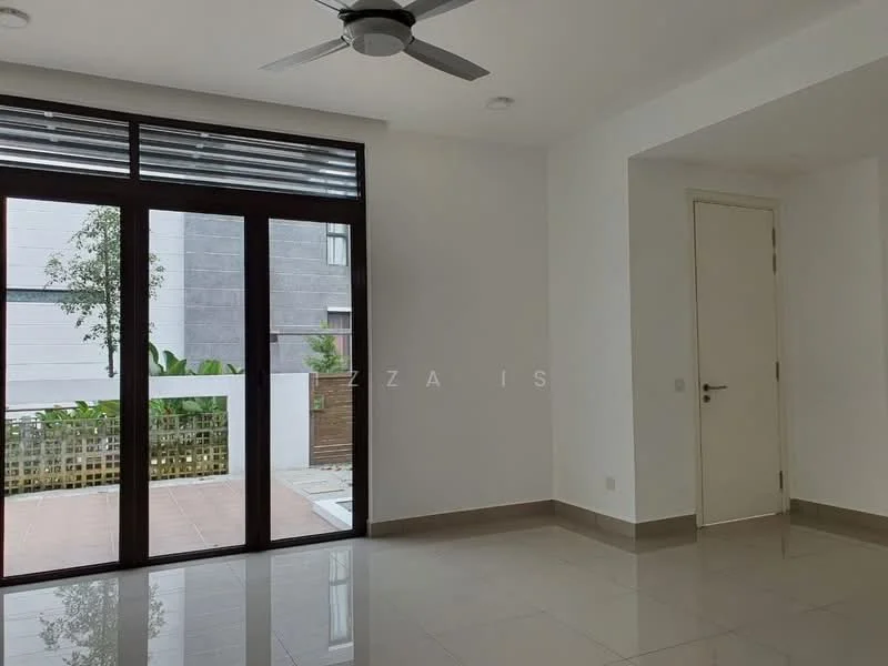 Living features: white painted walls, glossy ceramic tile flooring, 5-blade ceiling fan, floor-to-ceiling windows, sliding glass door, natural light from windows, view of outdoor greenery, neutral color scheme; style: modern; view: garden.