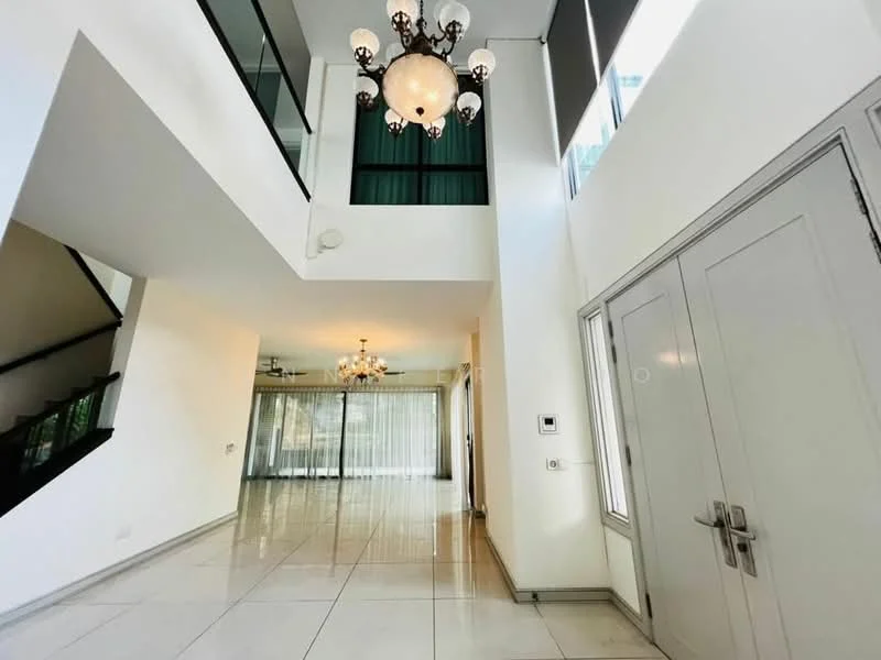 Room features: white painted walls, polished tile flooring, chandelier with multiple bulbs, large windows allowing natural light, glass railing on staircase, double-door entry, recessed lighting, curtains on windows; style: modern.