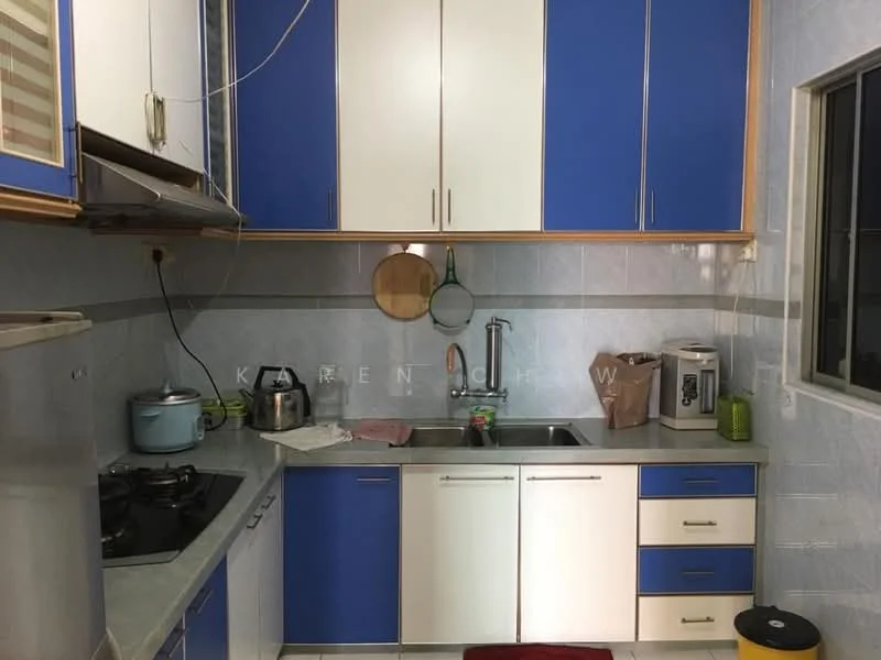 Kitchen features: blue and white cabinetry, stainless-steel sink, chrome pull-down faucet, granite countertop, built-in gas stove, microwave, kettle, toaster, tile backsplash, grey tile flooring, window with grid pattern, wall-mounted shelves, decorative wall clock; style: modern.