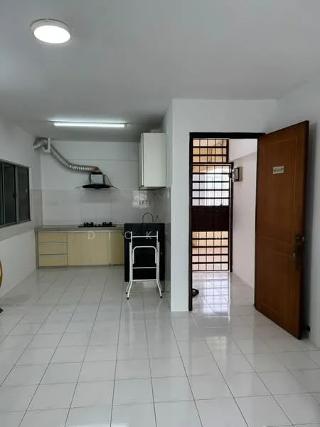 Kitchen features: white painted walls, glossy white tile flooring, single-bowl stainless-steel sink, chrome pull-down faucet, built-in kitchen cabinets in light wood, black countertop, stainless-steel range hood, freestanding gas stove, window with grid pattern, recessed ceiling lights; style: modern. Room features: wooden door, white walls, tile flooring, window with grid pattern.