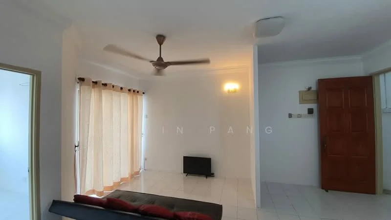Living features: white painted walls, tile flooring, 5-blade ceiling fan, large windows with sheer curtains, black TV console, sofa with red cushions, wall-mounted light fixture, door leading to another room.