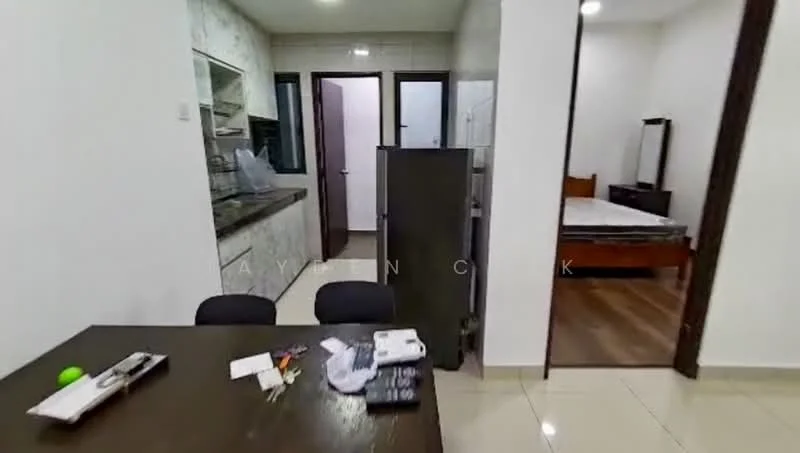 Kitchen features: grey marble countertop, white cabinets, stainless-steel fridge, built-in oven, ceramic tile flooring, wall-mounted cabinets, kitchen sink, window above sink; style: modern. Living features: wood flooring, double bed, wood bed frame, nightstand, lamp, window, wall-mounted mirror.