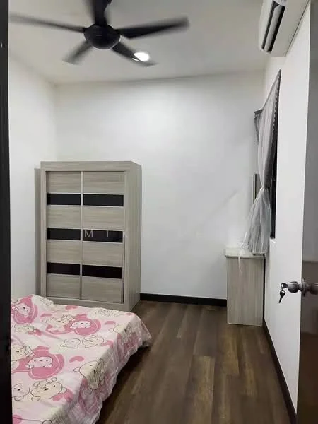 Bedroom features: wooden flooring, white painted walls, 5-blade ceiling fan with light, built-in wardrobe with sliding doors, window with sheer curtains, bed with pink patterned bedding, small bedside table, air conditioning unit; style: modern.
