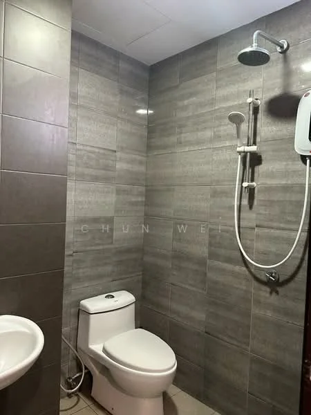 Bathroom features: grey tiled walls, white ceramic toilet, shower with rain shower head, wall-mounted shower mixer, white sink, tile flooring, mirror, built-in water heater; style: modern.