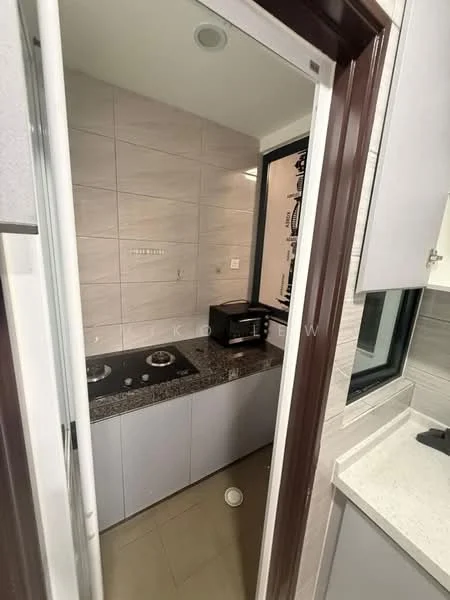 Kitchen features: grey laminate cabinetry, black granite countertop, two-burner gas hob, built-in microwave, white tiled backsplash, cream tiled walls, light brown tile flooring, single-bowl stainless-steel sink, window with black frame; style: modern.