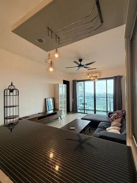 Living features: floor-to-ceiling windows, sliding glass door, 3-seater fabric sofa in dark grey, coffee table, wall-mounted TV, ceiling fan with light, decorative pendant lights, area rug, city view, wall-mounted shelving unit, decorative pillows; style: modern; view: city.