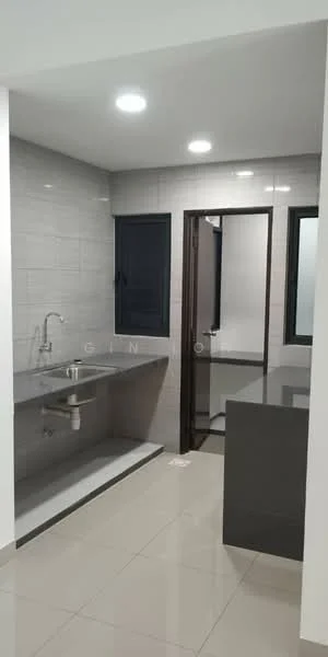 Kitchen features: single-bowl stainless-steel sink, chrome pull-down faucet, grey laminate countertop, white tiled backsplash, grey cabinetry, built-in kitchen island, ceramic tile flooring, recessed downlights, floor-to-ceiling windows, black window frames; style: modern.