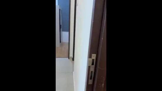 Room features: white painted walls, light wood flooring, door frame, door handle, grey wall, visible corridor.